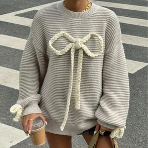 Apricot Casual Women's Oversized Bow Sweater Long Sleeve Plush Sweater